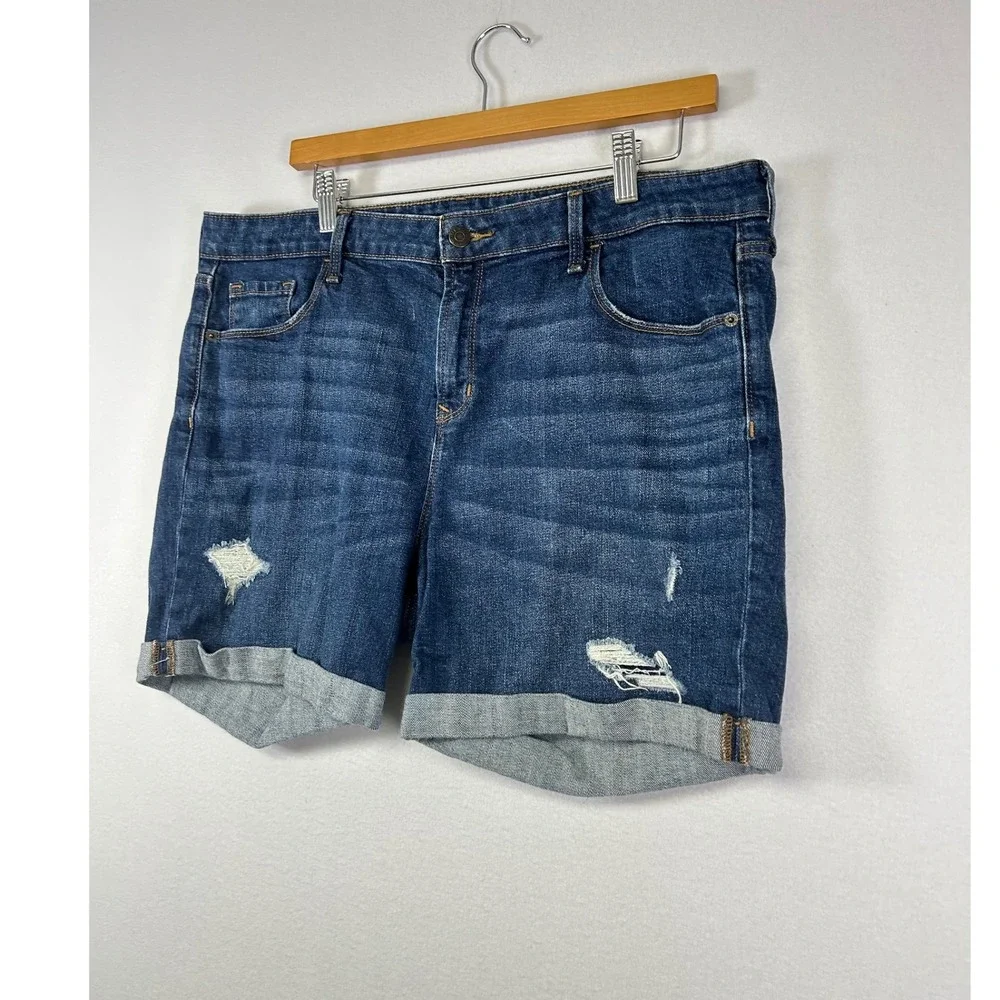 Old Navy Denim Shorts Women 14 Blue Distressed Cuffed Mid Rise Boyfriend Stretch
